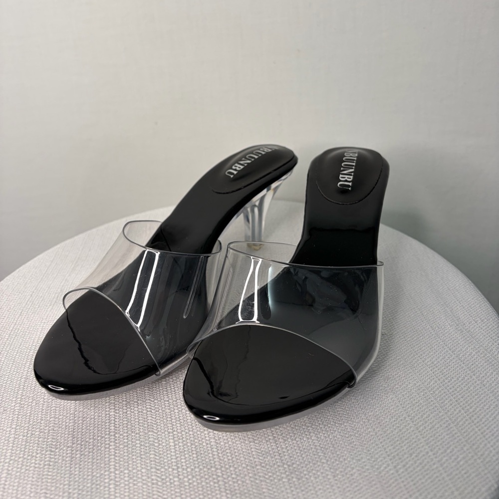 NBUUNBU women’s Size 35 Black Clear Strap Mule Heels(B113)✨